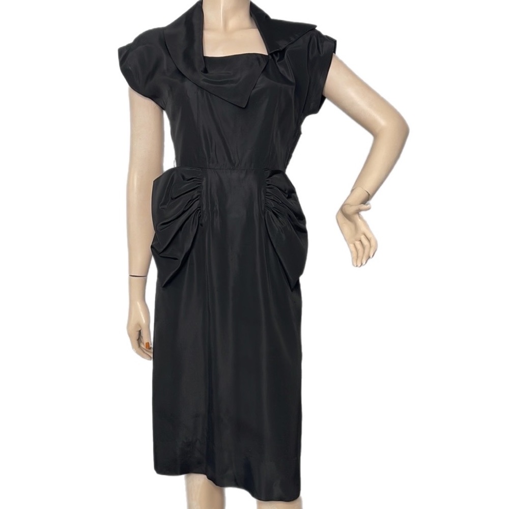 1950s Black Taffeta Dress with Front Bow